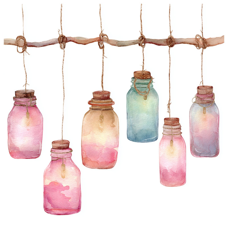 Pendants en verre suspendus, aquarelle, literie, pots, couvre-lit, décoration, Lit simple