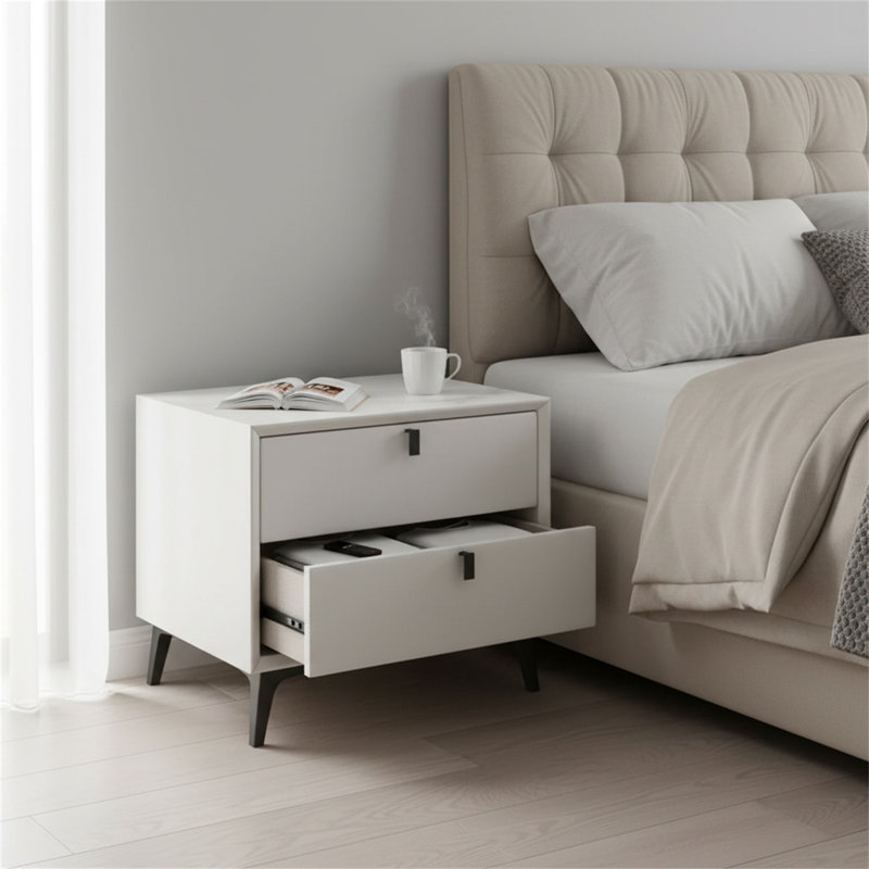 Table de chevet minimaliste en bois à motif de marbre blanc à double tiroir