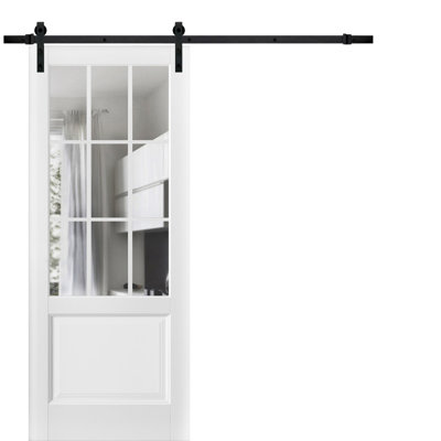 Felicia Clear Glass Wood Barn White Door with Installation Hardware Kit