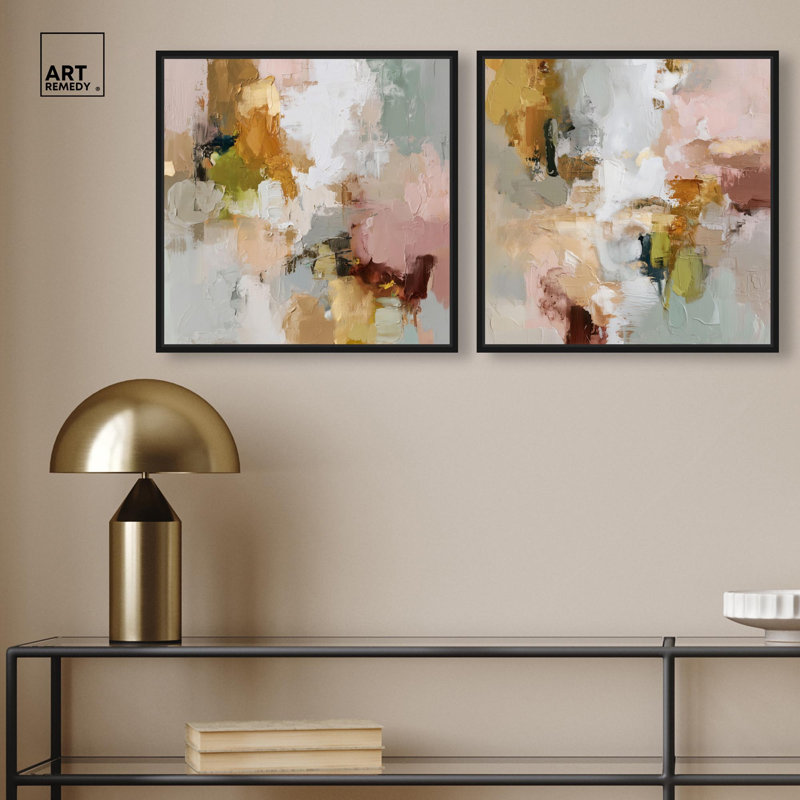 Swirl of Joy Set Canvas Print Neutral Wall Decor Set by Art Remedy, Black Frame, 12 x 12, H 17 po x l 17 po, Black Frame