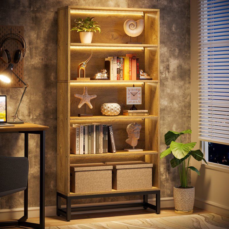 Glasford 70.9'' H X 31.5'' W Tall Bookcase, 5-Tier Storage and Display Shelf, Brown with LED Light Included
