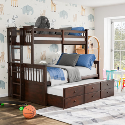 Jeany Twin Over Full 3 Drawer Solid Wood Standard Bunk Bed with Trundle by Harriet Bee