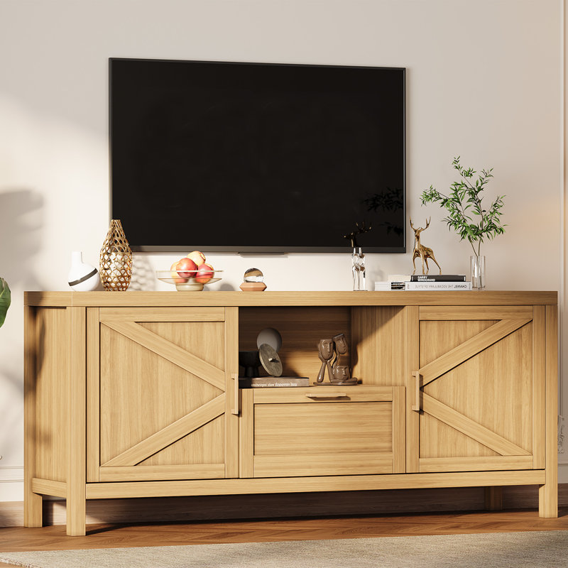 Farmhouse TV Stand for TVs up to 65" - Walnut Wooden Entertainment Center - Doors, Adjustable Shelves, Large Drawer, Open Storage, 6 Legs - Living Room Media Console - Color: Walnut
