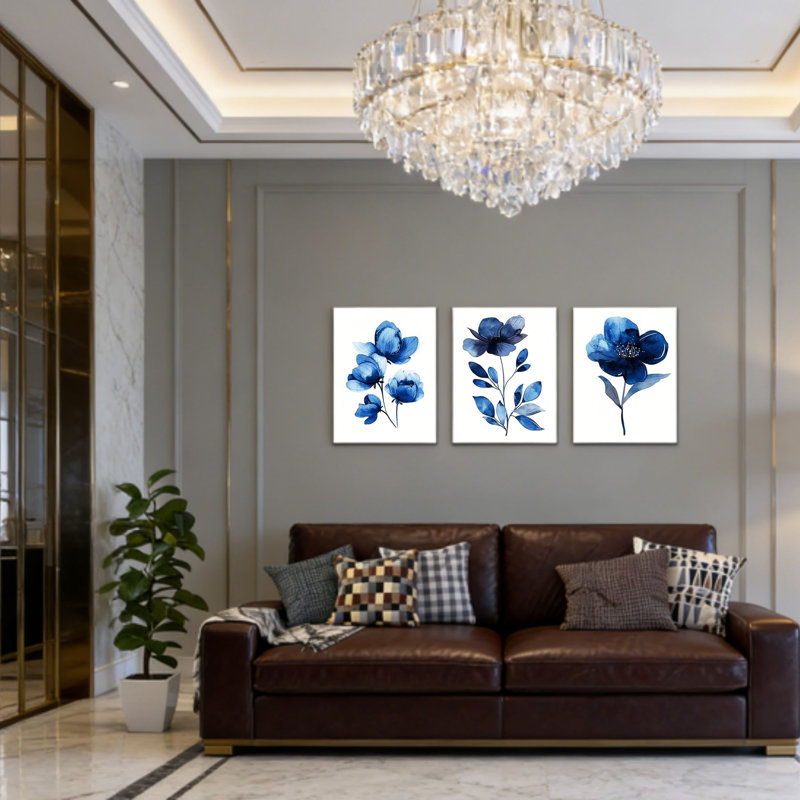 Ensemble de 3 impressions murales sur toile à motif de fleurs bleu marine, aquarelle botanique florale rustique, 24 L x 16 l