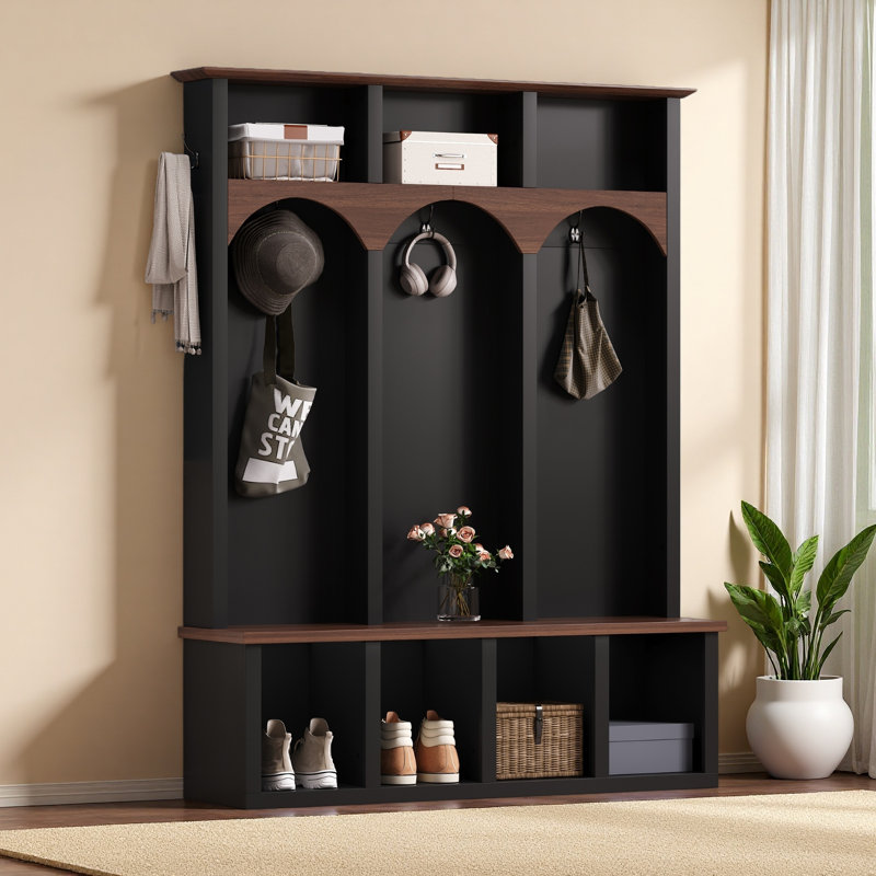 Farmhouse Wooden Style Hall Tree With Arched Design, Practical Entryway Walnut Storage Bench With 5 Black Hooks, Minimalist 4-In-1 Hallway Shoe Cabinet With 7 Cubbies