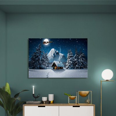 Décoration murale encadrée, peinture de Noël, père Noël volant au-dessus de la maison, peinture pour cadeau de Noël, bureau, salle à manger, salon, salle de bain, décoration de chambre à coucher prête à être accrochée sur toile