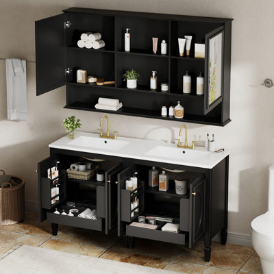 Ensemble meuble-lavabo double lavabo de 60 po avec armoire à pharmacie assortie, noir