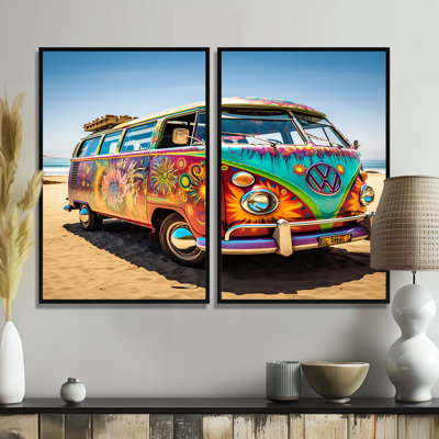Magic Hippie Bus On The Beach I - Yellow Modern Wall Decor