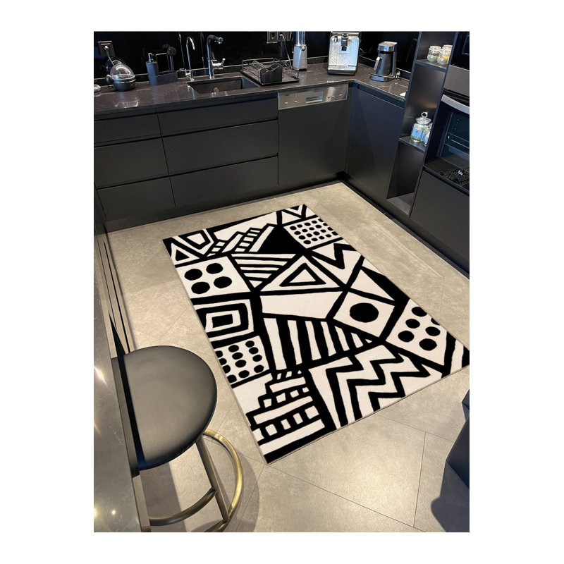 Tapis à motif géométrique moderne noir et blanc, Sous-tapis rectangulaire de 3 pi 3 po x 4 pi 11 po