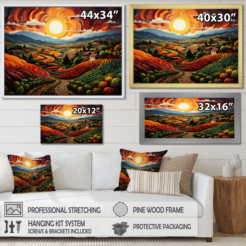 «Orange Green Vineyard Rows Of Ruby I», reproduction sur toile, H 16 po x l 32 po x P 1 po, Cadre flottant blanc