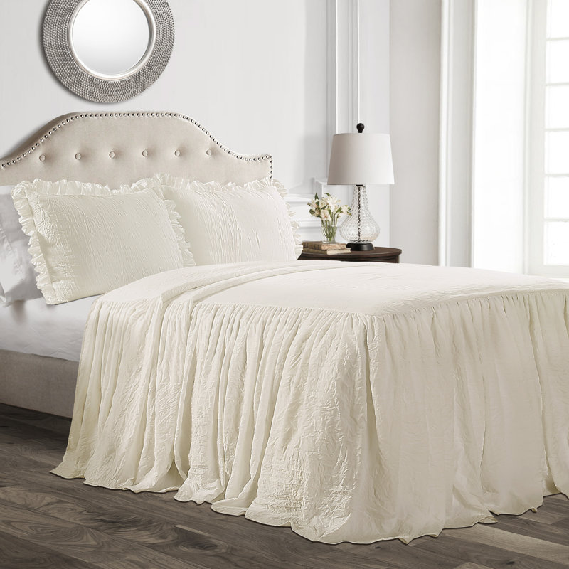 Reyna Microfiber Ruffle Skirt Bedspread Set, Ivory, California King Bedspread  + 2 Cal King Shams