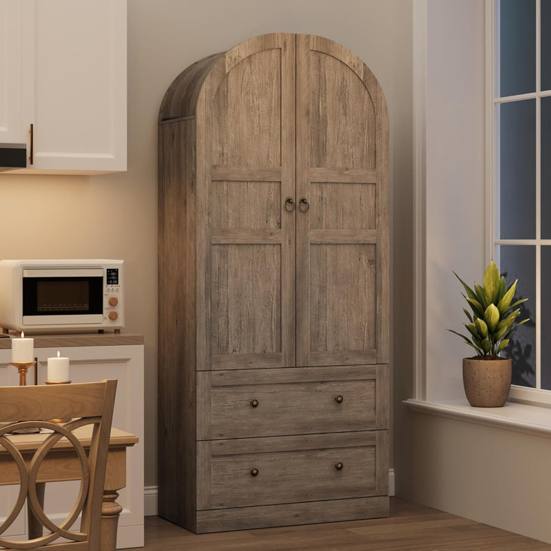 72" Tall Dome Bookcase with Drawers, 4-Tier Wooden Bookshelf Storage Cabinet with Door, Farmhouse Arched Cabinet with Storage, Wood Arch Bookcase for Home Office, Living Room, Gray