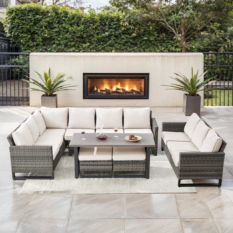Nazime Wicker 9 - Person Patio Conversation Set with Cushions, Beige