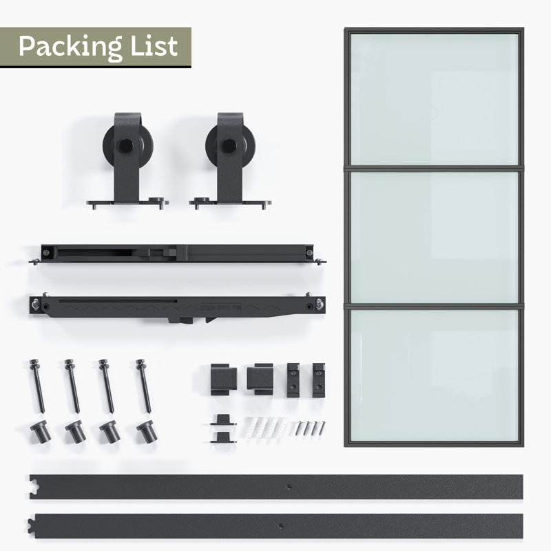 Black Aluminum and Frosted Glass Sliding Barn Door with Hardware Kit