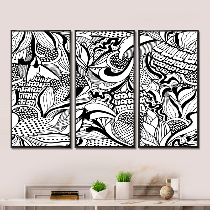 Fleurs abstraites en noir et blanc - ensemble d'art mural sur toile moderne encadré de 3, H 32 po x l 48 po x P 1 po