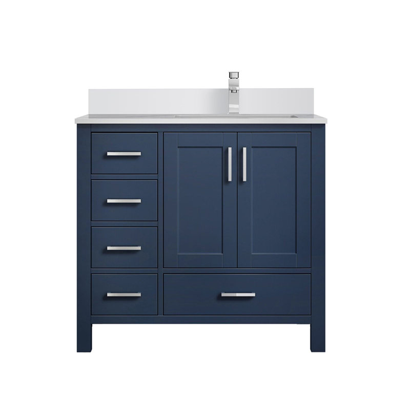 Bath Vanity with Right Offset White Quartz Top and Faucet Set, Navy Blue