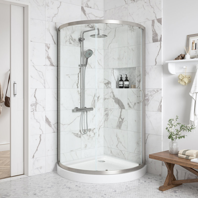 Ensemble de douche en coin en nickel satiné avec porte coulissante transparente et base de douche Breez L 44 po x l 44 po x H 77 po (murs non inclus)