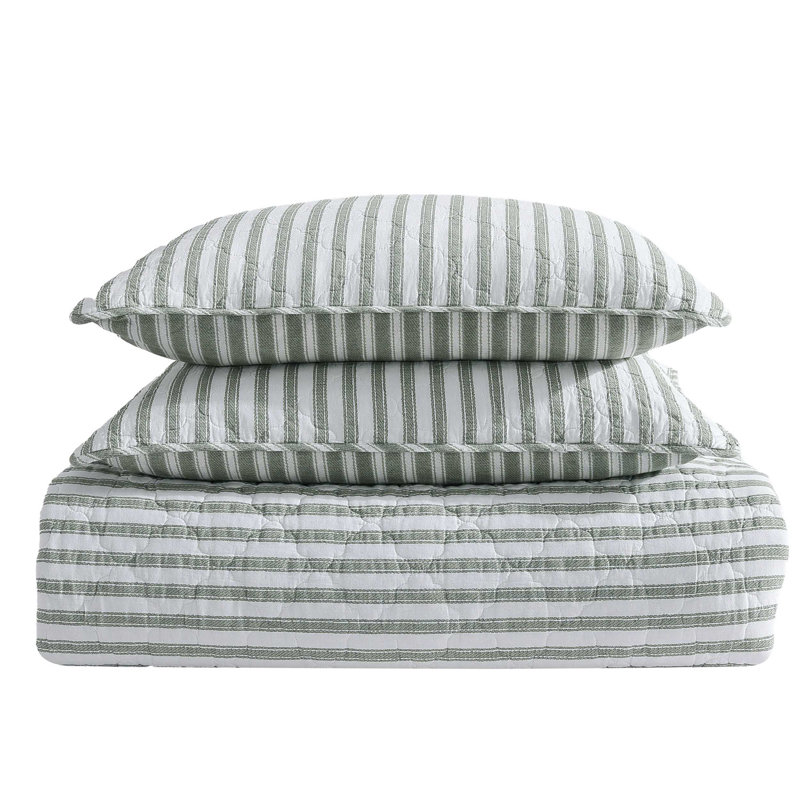 Stone Cottage Willow Way Ticking Stripe Cotton Green Quilt Set, King Quilt + 2 King Pillow Shams
