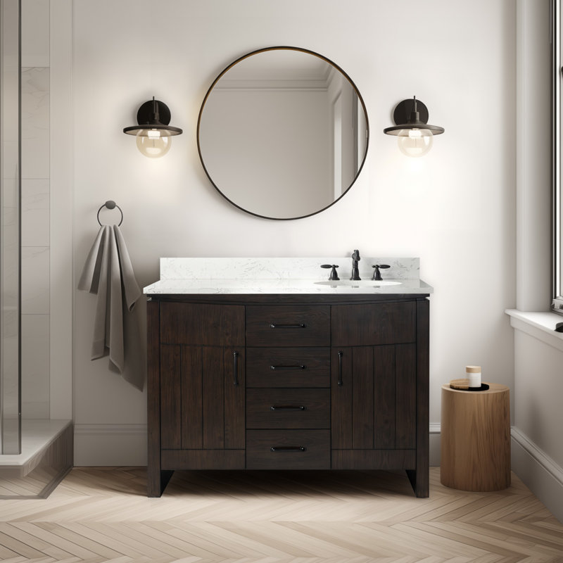 Meuble-lavabo simple 48 po en placage de bois de sapin naturel, Blanc, Brun