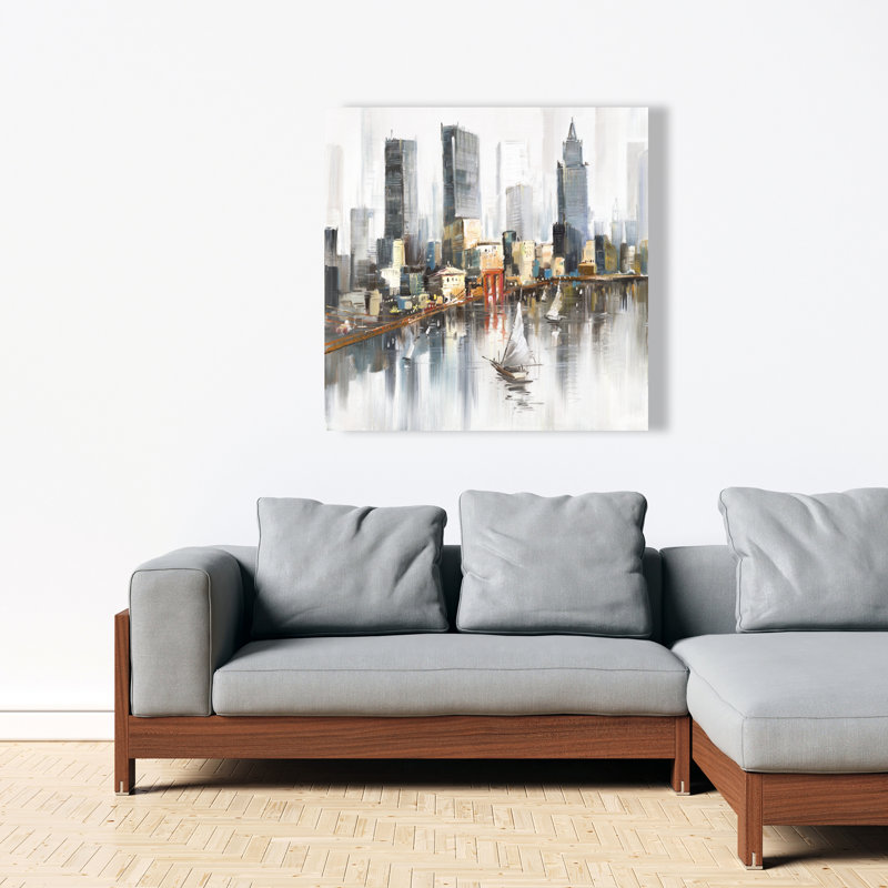 Aquarelle de style ville avec bateaux - Art sur toile moderne pour la maison