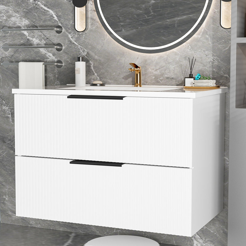 Meuble-lavabo mural blanc flottant de 36 pouces avec lavabo en céramique et deux tiroirs, premier tiroir en forme de U, grande capacité de rangement, panneau multicouche, instructions d'assemblage rapide