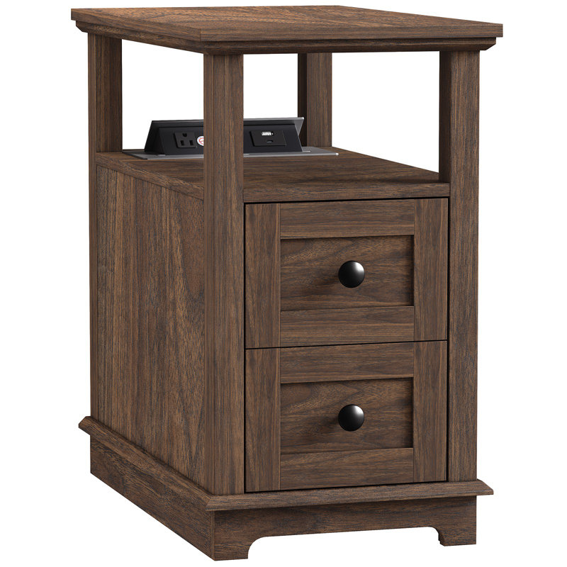 2 Drawers End Tables with Storage and Fast Charging Station for Living Room, Walnut