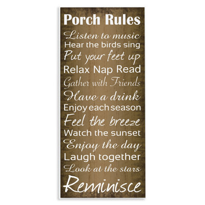 «Porch Rules Country Landscape Wood Textured Word Design», reproduction d'art textuel sur toile