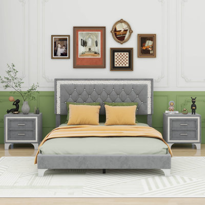 Keilei Queen Size Upholstered Platform Bed with LED Lights and Two Nightstands -  Rosdorf Park, C7931BFBE94B4C9A8F06CB0B72E5DAE7