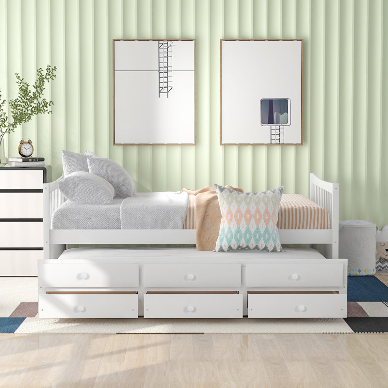 Lit de jour simple avec lit gigogne et tiroirs de rangement, structure de canapé-lit peu encombrante pour chambre ou chambre d'amis, blanc