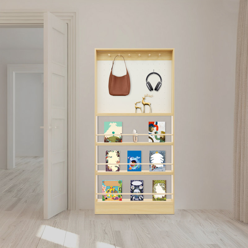 Bibliothèque l 35,43 po x P 3,94 po x H 70,08 po avec panneau perforé, bibliothèque sur pied à 3 niveaux avec panneaux perforés et crochets, étagère de rangement en bois massif pour le salon, la chambre à coucher et le vestibule