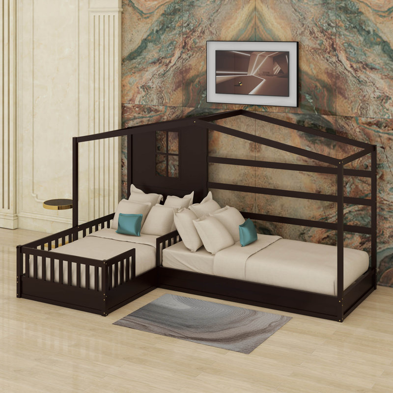 Wood House Bed, Solid L Structure with Fence and Slatted Frame for Sturdy Support and Elegant Design, Espresso