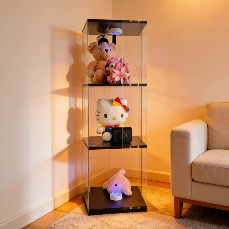 Présentoir rotatif à trois niveaux de style armoire, armoire à vin, armoire de rangement, avec lumière Paipai télécommandée, pieds réglables, peut être placé dans le salon, couloir