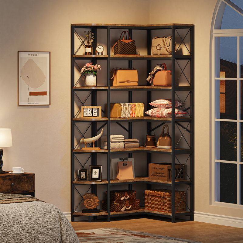 Kelsch Reversible Corner Bookcase, L-Shaped Bookshelf, Brown