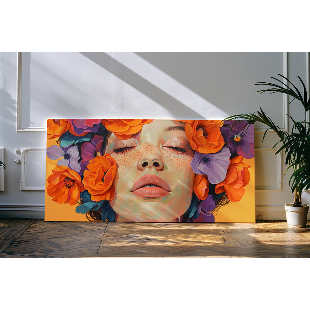 Wandbild 120x60cm Porträt einer jungen Frau Sommersprossen Sommer Blumen Blüten