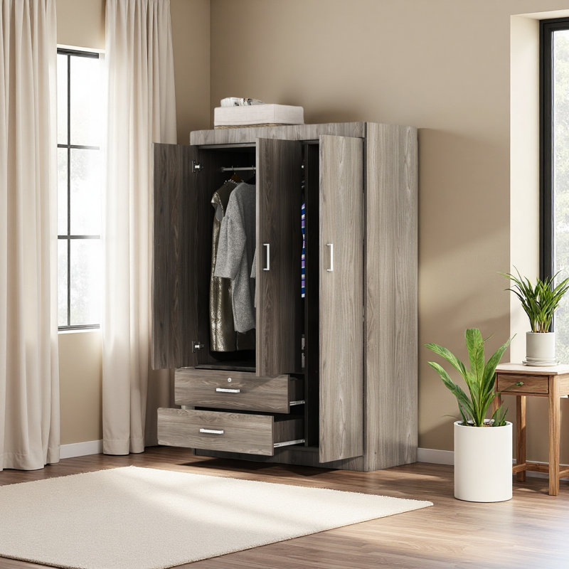 Armoire 3 portes avec 2 tiroirs, Gris