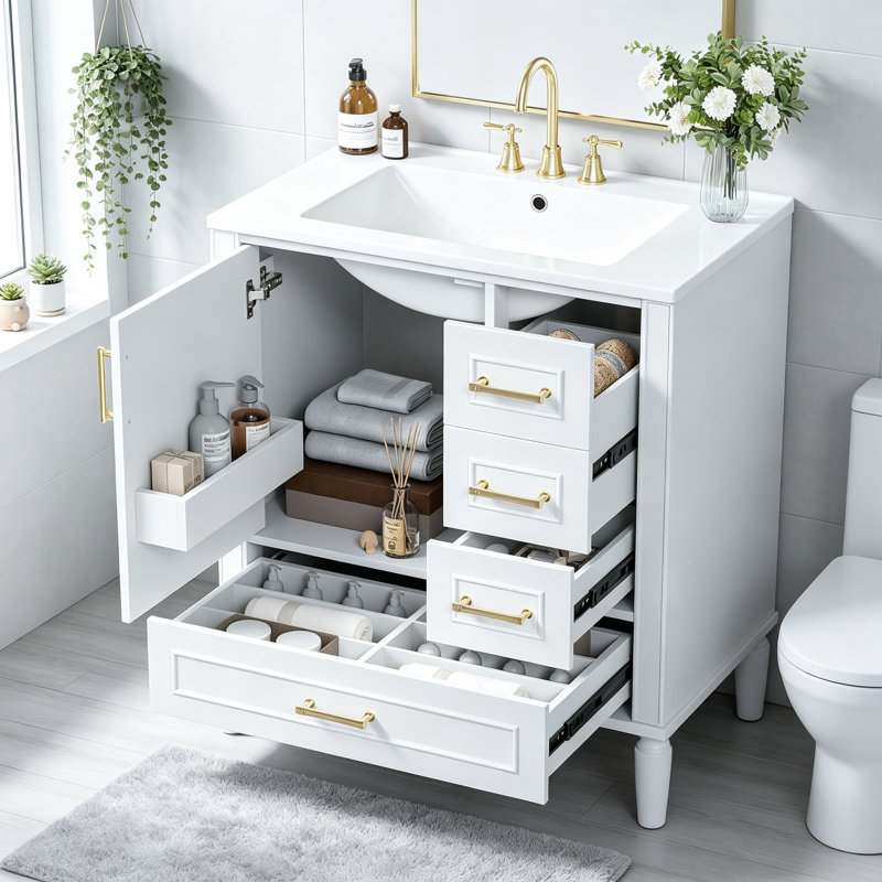 Meuble-lavabo de 30 pouces avec lavabo en céramique, porte à fermeture en douceur, tiroirs multiples et rangement spacieux pour les salles de bain modernes