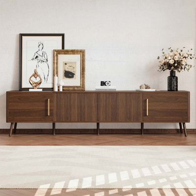 Meuble télé 78 po pour téléviseur de 85 po ou moins, centre de divertissement avec porte cannelée, gestion des câbles et pieds en bois massif