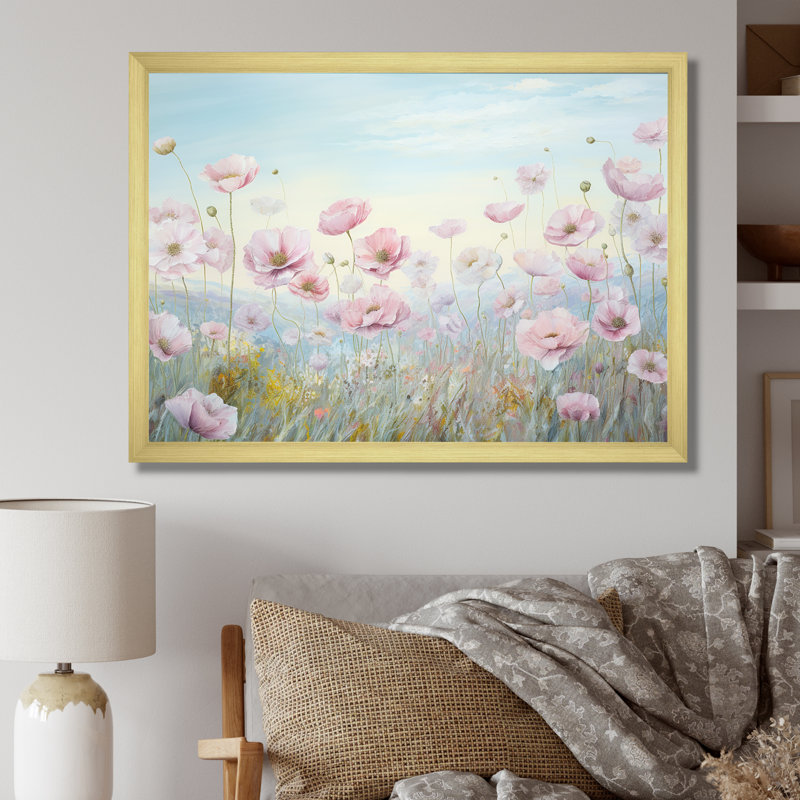 «Pink Ranunculus Field In Mountain I», reproduction sur toile, Cadre doré simple, H 24 po x l 32 po x P 1 po