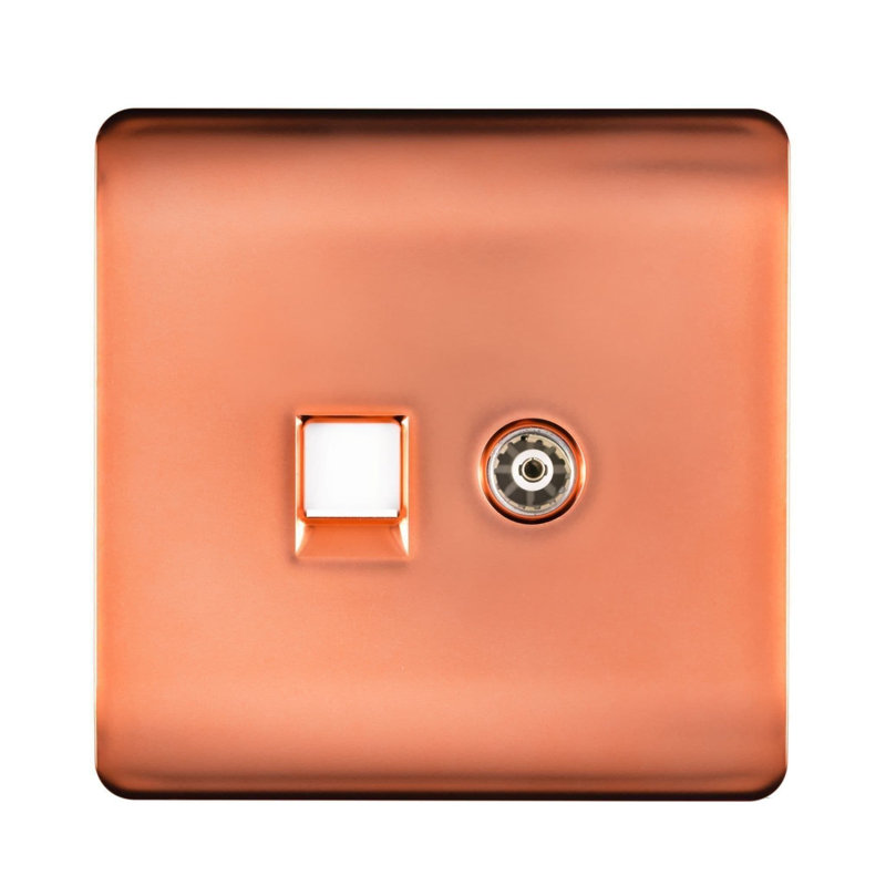 Trendi Switch 2 Gang TV Co-Axial & RJ45 Cat 6 Modern Designer PC Ethernet Sockets, Copper
