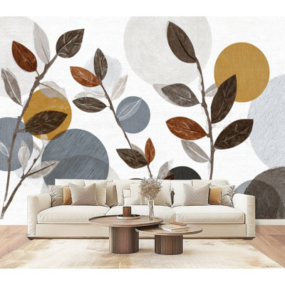 Poissons et papier peint à motif de feuilles de bohème géométriques abstraites à motif de branches de style Mid-Century gris H 69 po x l 96 po amovible, papier peint adhésif mural pour chambre à coucher, bureau à domicile