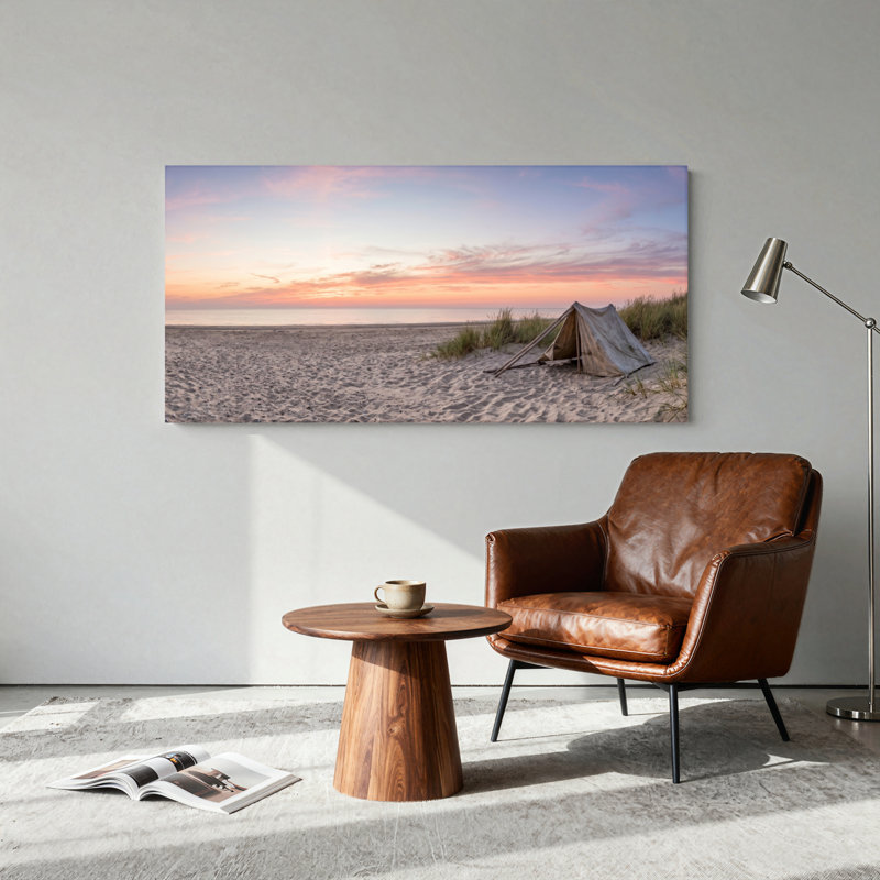 Beach Sunset Canvas Wall Art Oil Painting Print Set Of 1, Wrapped Canvas, 32“W x 16”H