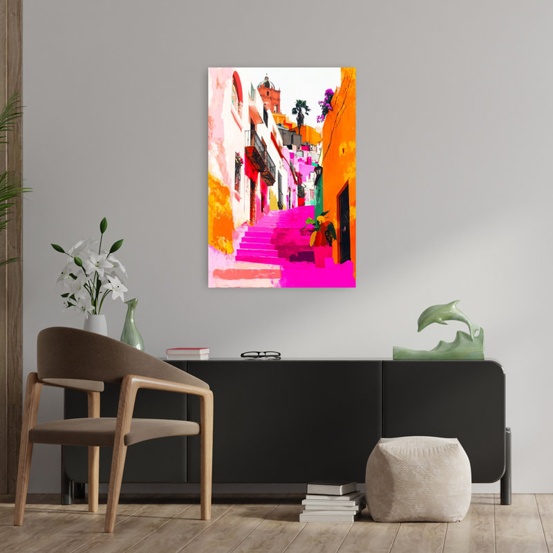 Vibrant Pink City Steps Colorful Vibrant Abstract Architecture City Wall Art Print 1 Piece Wrapped Canvas Wall Art