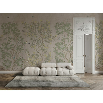 Vintage Garden Birds Floral Wallpaper Beige Green