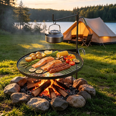 Heavy Duty Swivel Campfire Grill, 24.4" Round Portable Camping Grill Grate, Sturdy Steel BBQ Mesh, 360° Height Adjustable Over Fire Pit with Support Rod, for Outdoor Open Flame Cooking, Black