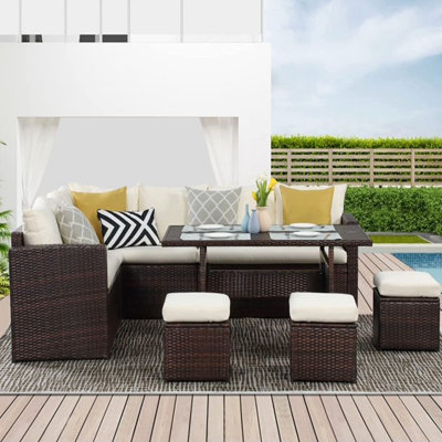 7 Piece Wicker Patio Dining Set, 9-Seat  Outdoor Sectional Ivory Cushions Sofa With Ottomans & Dining Table Porch Backyard Garden