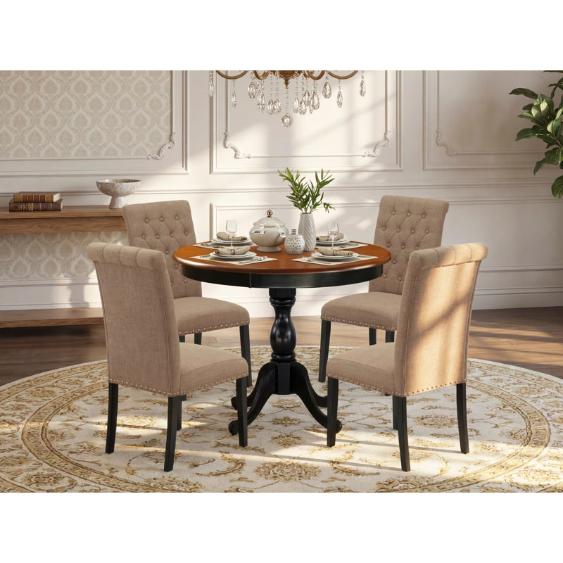 5-Piece Dining Table Set Includes a Dining Table and 4 Light Sable Linen Fabric Modern Dining Chairs with Button Tufted Back - Black Finish