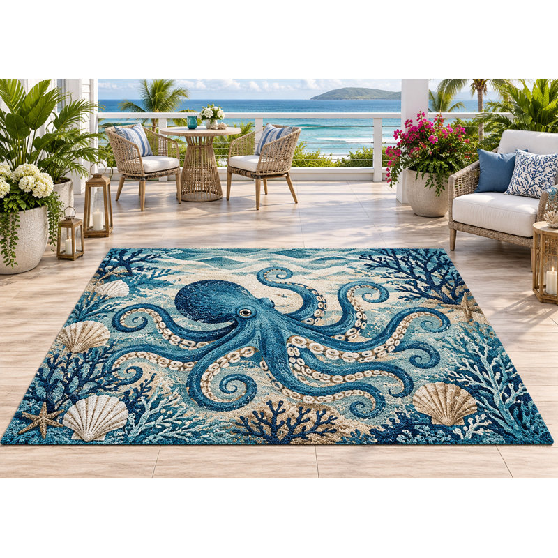 Tapis d'extérieur 152 x 213 cm, motif pieuvre bleue, corail et coquillage, en PVC épais, imperméable et bouclé, idéal pour terrasse, balcon, VR et autres espaces extérieurs. Séchage rapide.
