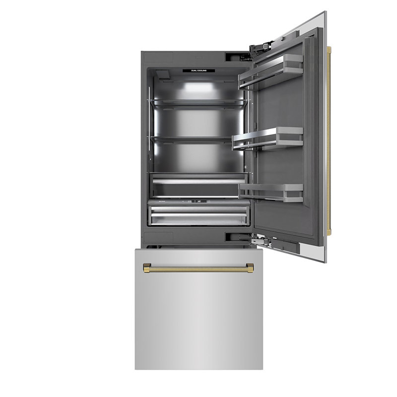ZLINE Autograph 30 in. Built-In Refrigerator w/ Gray Interior and Polished Gold Helix Handles, Gold