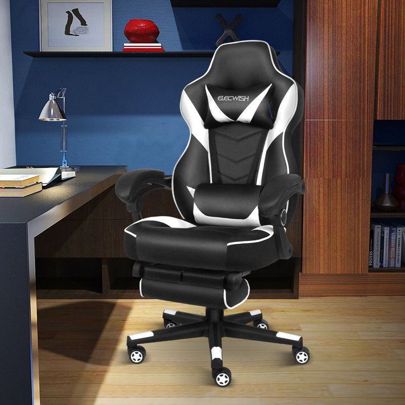 Adults Ergonomic Racing Style High Back Computer Chair with Footrest Headrest and Lumbar Support, Black/White