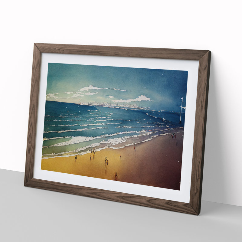 Beach In Watercolour Vol.1 - Single Picture Frame Painting, 34cm H x 46cm W x 2cm D, Walnut